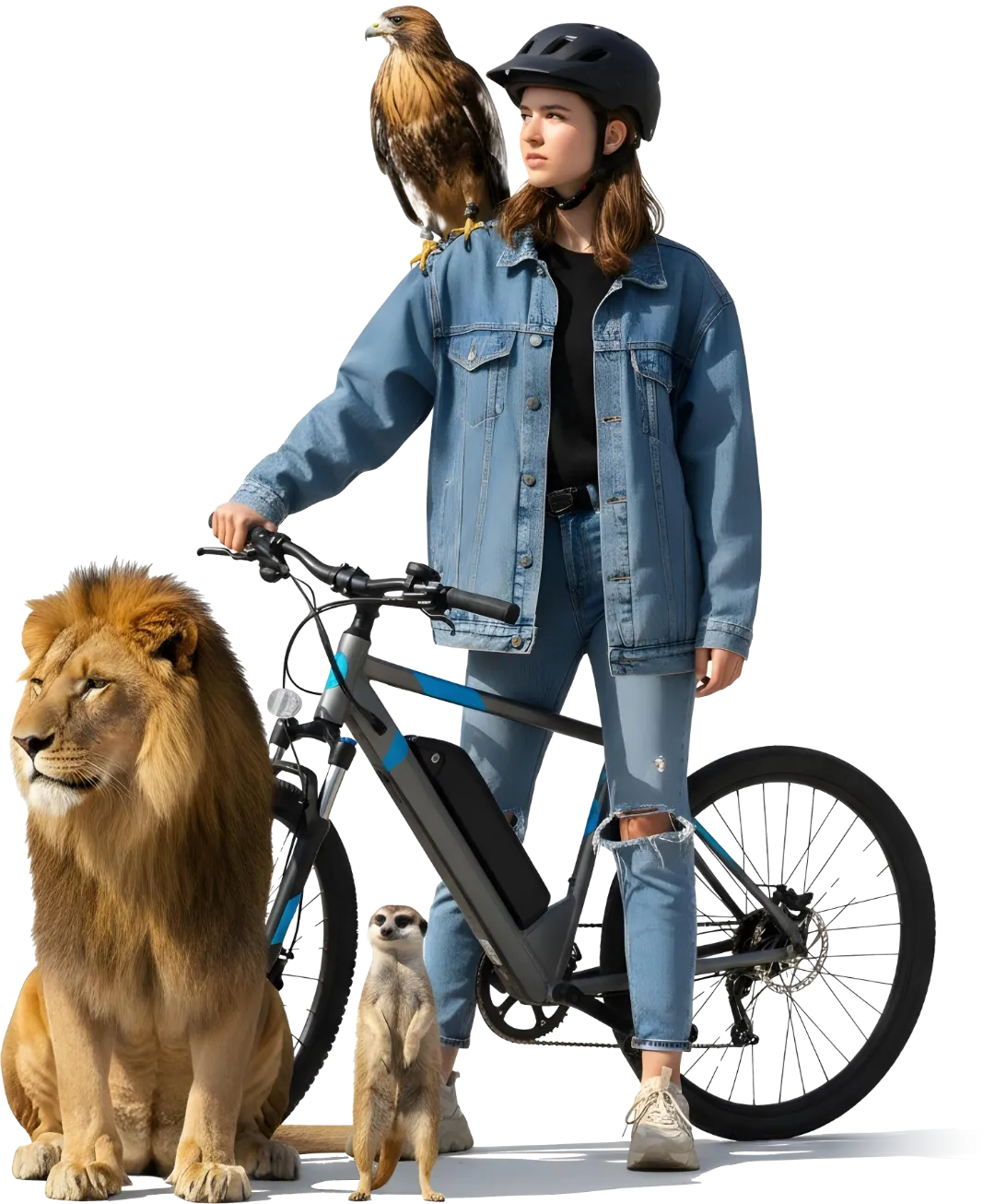 Kid standing with bike with a hawk on their shoulder, accompanied by a lion and a mirror cat.