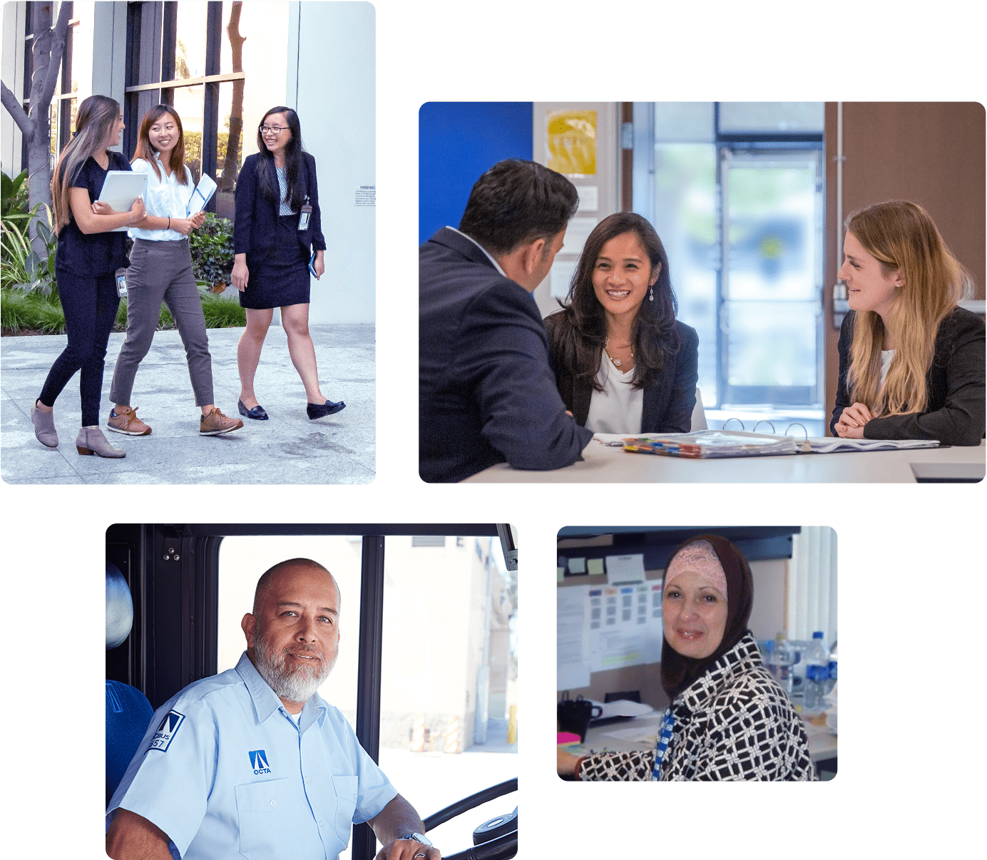 A collage of OCTA team members, some are meeting, walking and talking, working at their desk, and at the wheel of an OC Bus.