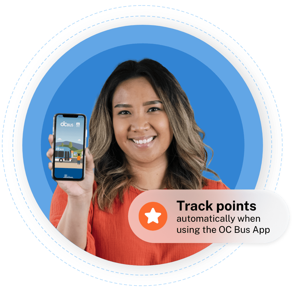 OC Bus rider smiling and showing OC Bus app on a smartphone.
